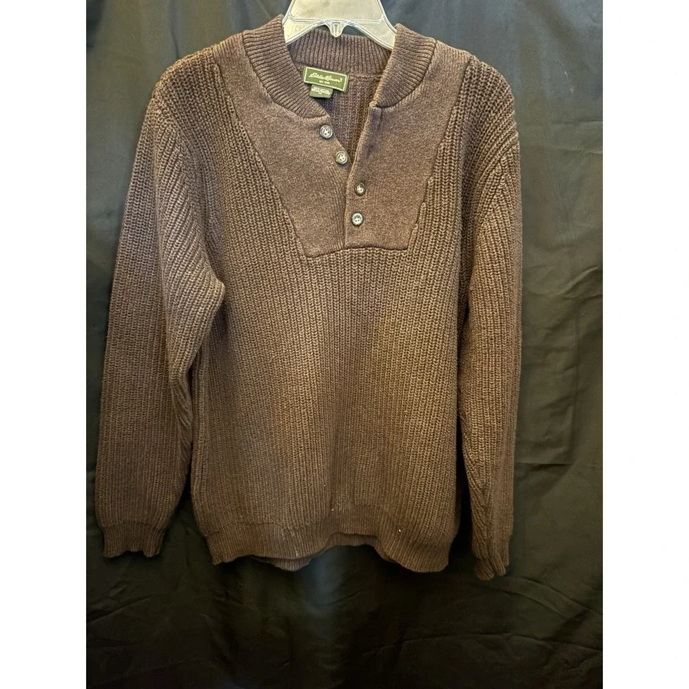 EDDIE BAUER Henley‎ Sweater Mens M Brown Knit Pullover - Picture 2 of 11